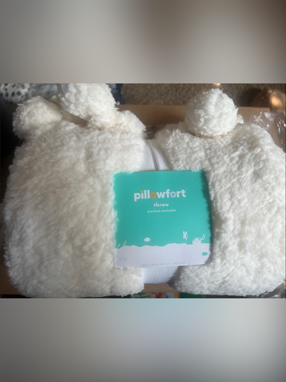 Pillowfort Cream Plush Throw with Pom-Pom Accents